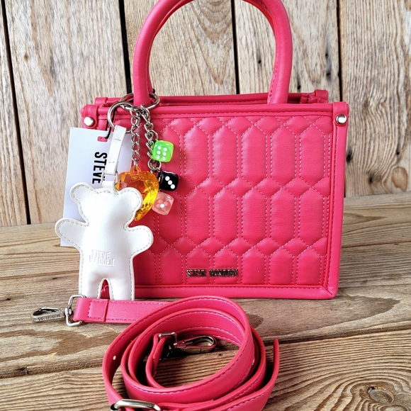 Steve Madden BNIKO3 In Fushia Pink Teddy Bear Dice Tote Crossbody Handbag - Picture 4 of 8